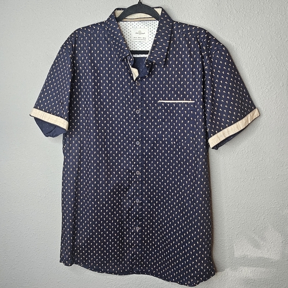 Craft Flow Mens XL Short Sleeve Button Shirt Navy Beige Palm Tree Resort Wear - Picture 2 of 15